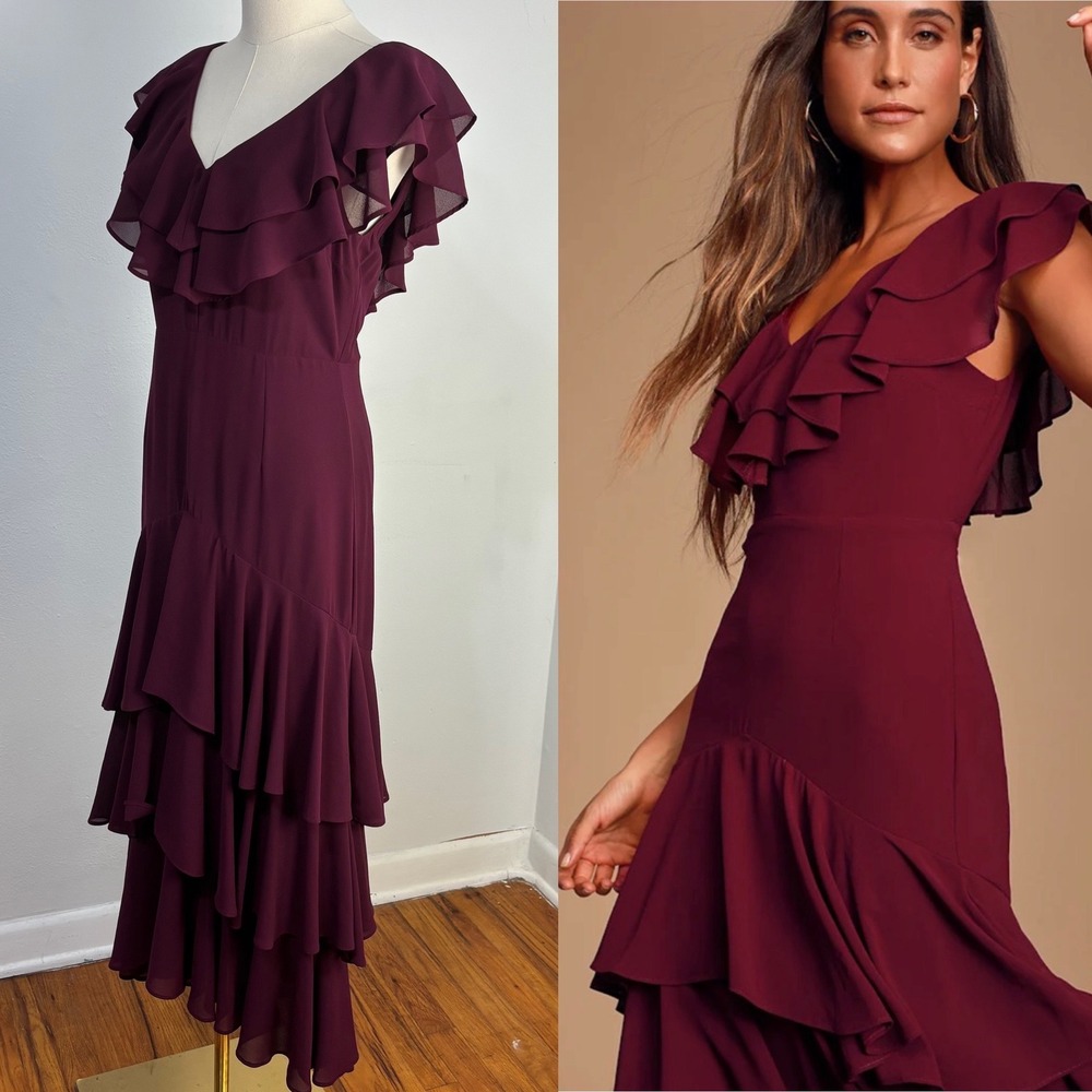 Lulus Betsey Ruffled Midi Dress Romantic Tiered Wedding Cocktail Formal Womens S